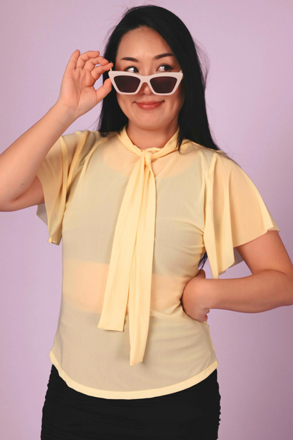 Pale Yellow Net - Boss Bish Blouse W/ Flutter Sleeve