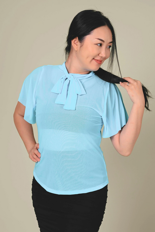 Aqua Blue Net - Boss Bish Blouse W/ Flutter Sleeve