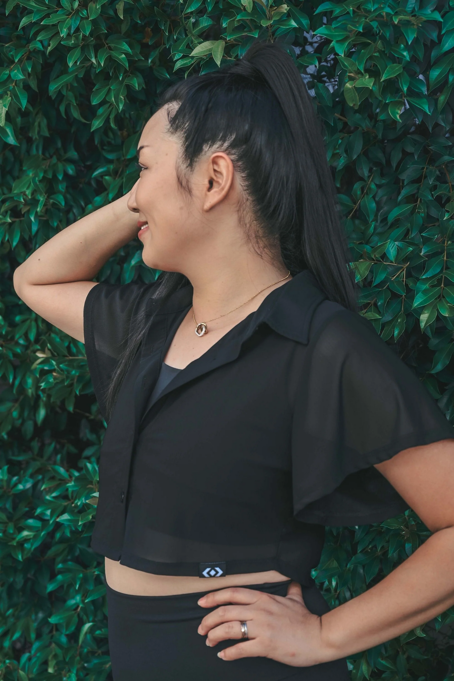 Black Net - Cropped Button Up Blouse