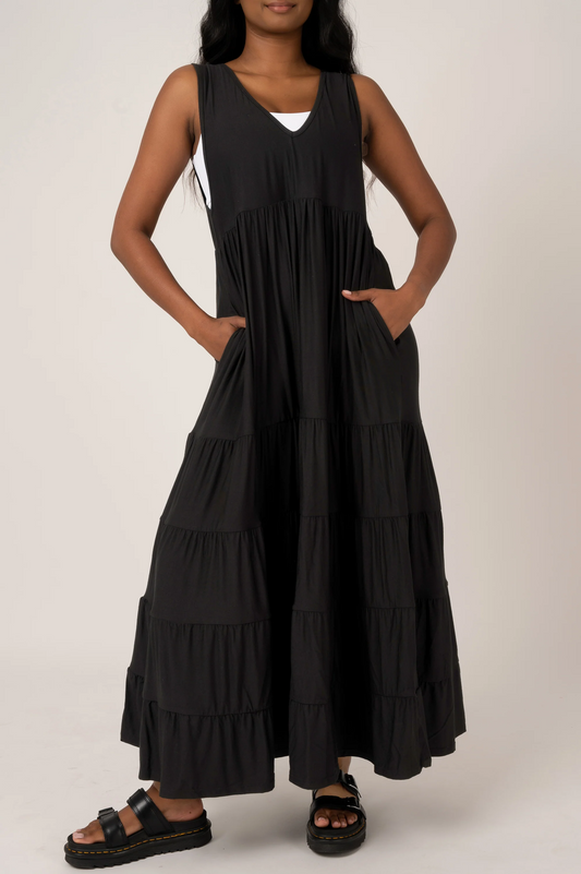 Black Slinky To Touch - Sleeveless Baby Doll Tiered V Neck Maxi Dress