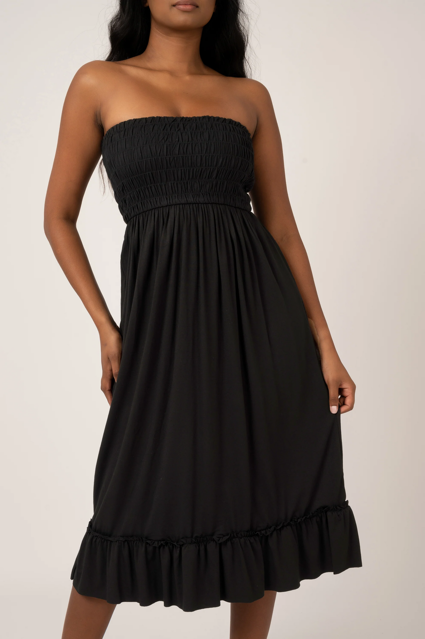 Black Slinky To Touch - Shirred Bandeau Midi Dress