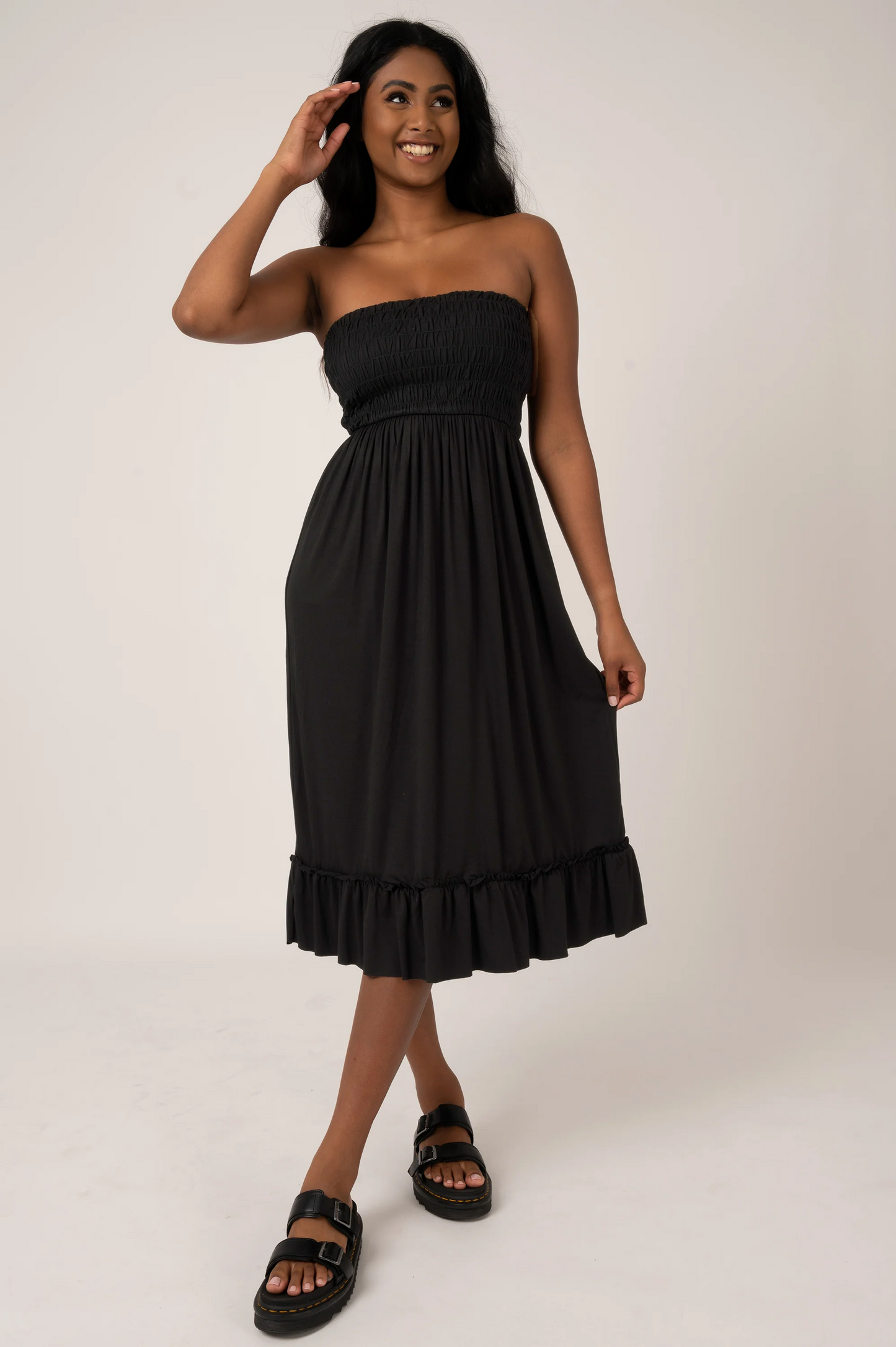 Black Slinky To Touch - Shirred Bandeau Midi Dress