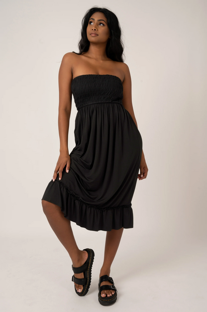 Black Slinky To Touch - Shirred Bandeau Midi Dress