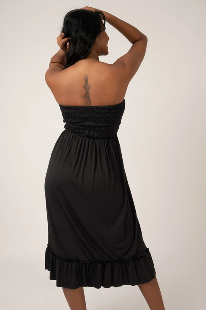 Black Slinky To Touch - Shirred Bandeau Midi Dress