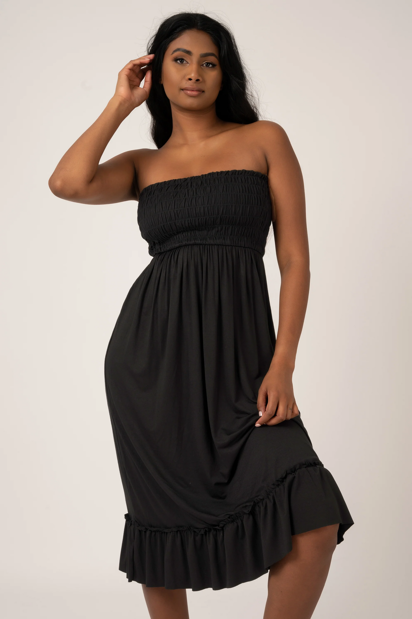 Black Slinky To Touch - Shirred Bandeau Midi Dress