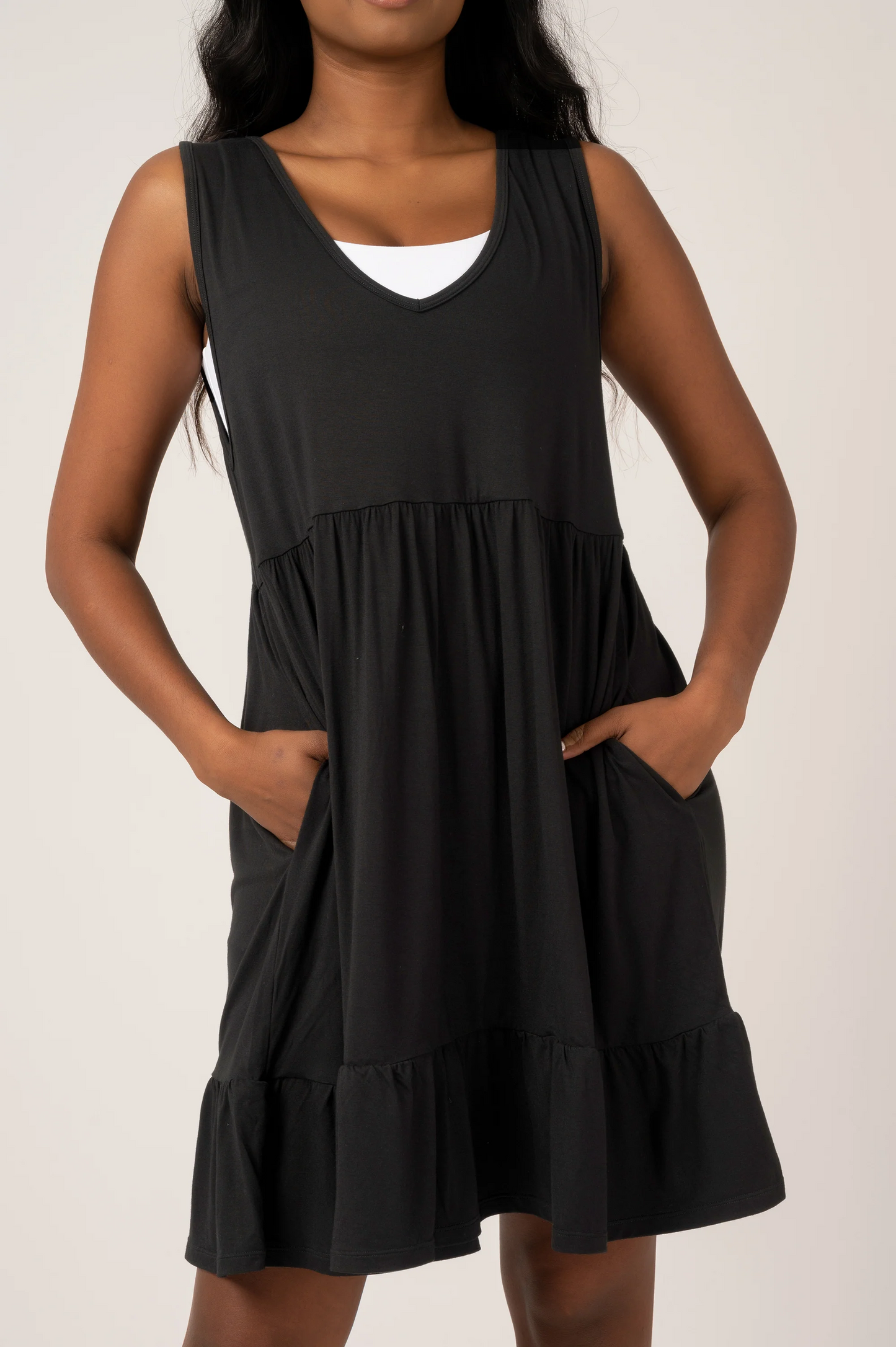 Black Slinky To Touch - Sleeveless Baby Doll Tiered V Neck Mini Dress