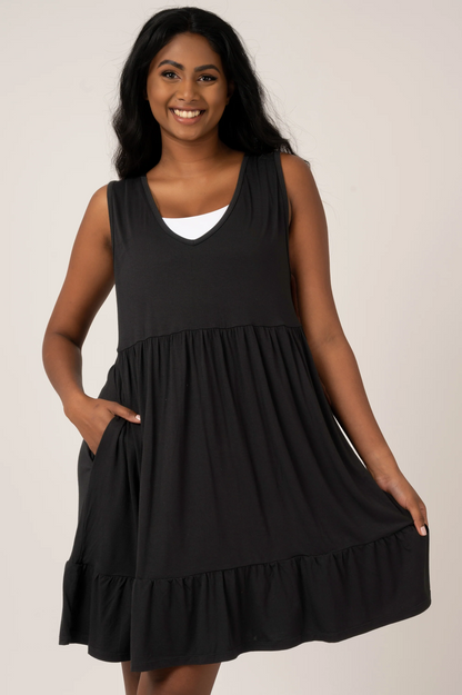 Black Slinky To Touch - Sleeveless Baby Doll Tiered V Neck Mini Dress