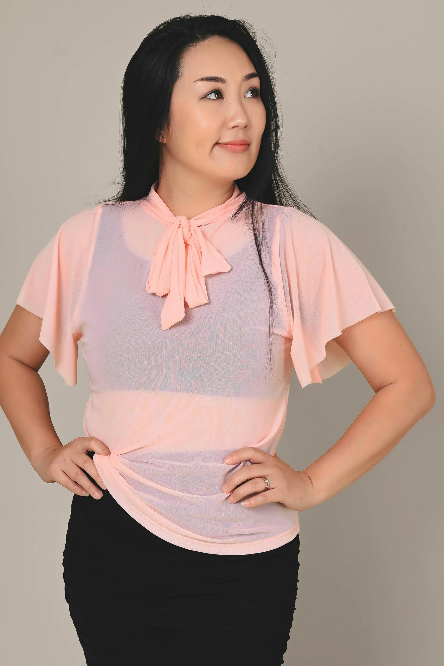 Peachy Pink Net - Boss Bish Blouse W/ Flutter Sleeve