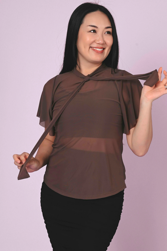 Chocolate Net - Boss Bish Blouse W/ Flutter Sleeve