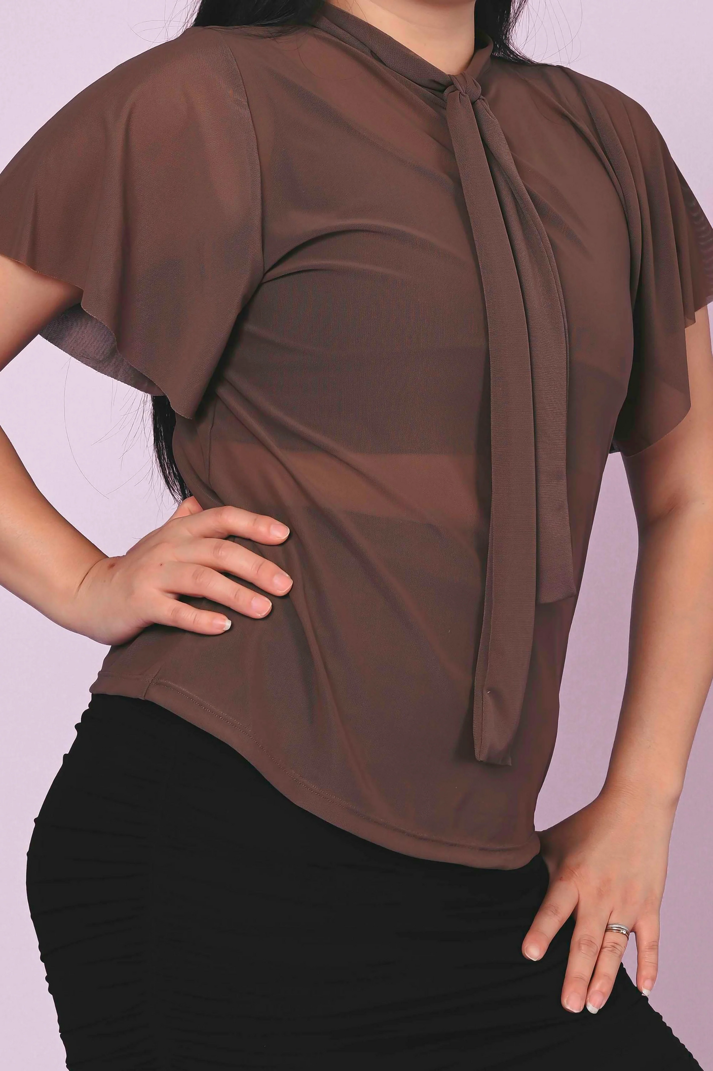 Chocolate Net - Boss Bish Blouse W/ Flutter Sleeve