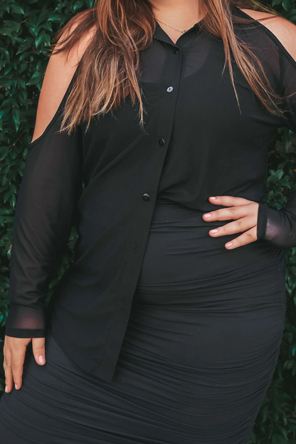 Black Net - Button Up Cold Shoulder Blouse