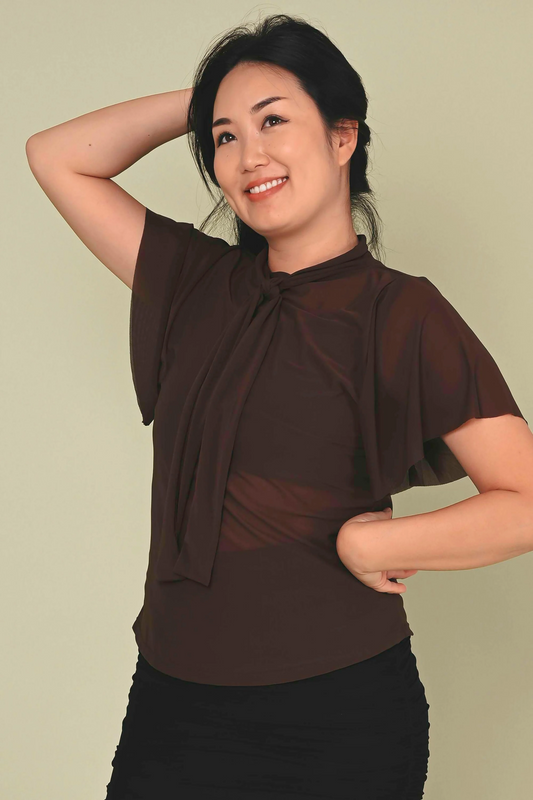 Dark Chocolate Net - Boss Bish Blouse W/ Flutter Sleeve