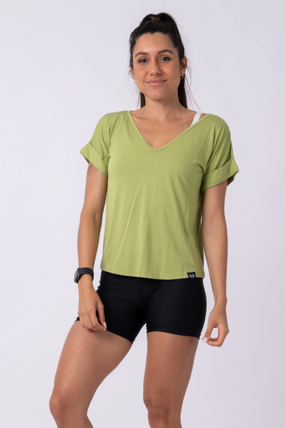 Avocado Green Slinky To Touch - V Neck Cuffed Sleeve Tee