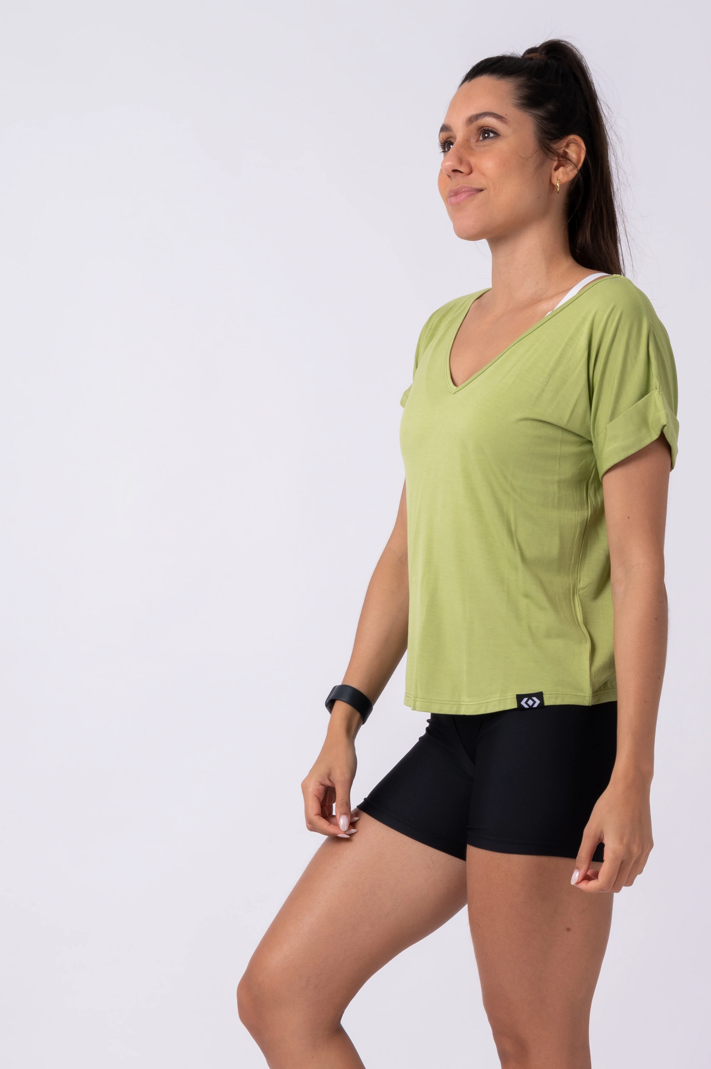 Avocado Green Slinky To Touch - V Neck Cuffed Sleeve Tee