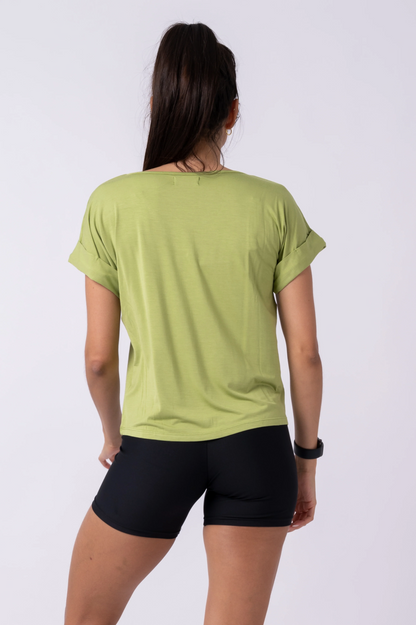 Avocado Green Slinky To Touch - V Neck Cuffed Sleeve Tee