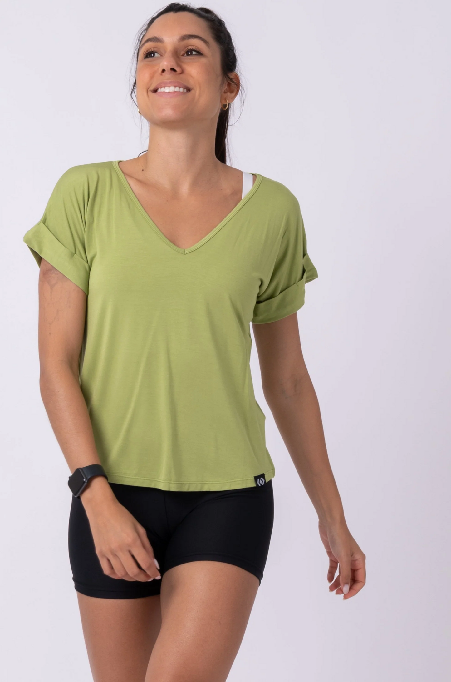 Avocado Green Slinky To Touch - V Neck Cuffed Sleeve Tee