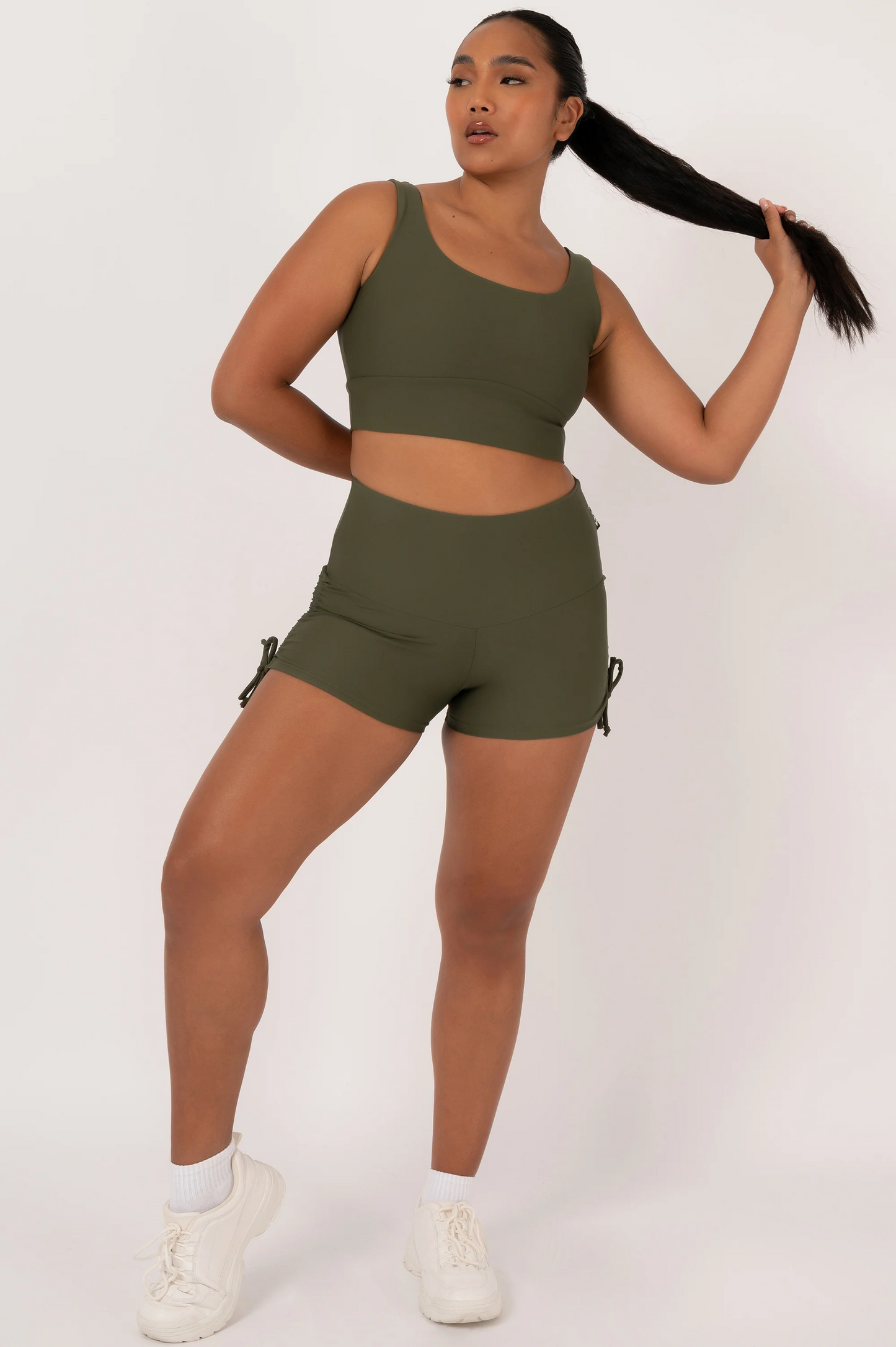 Dark Khaki Performance - High Waisted Tie Side Booty Shorts