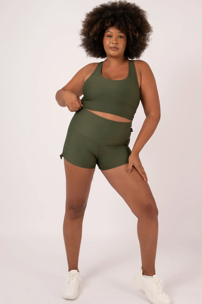 Dark Khaki Performance - High Waisted Tie Side Booty Shorts