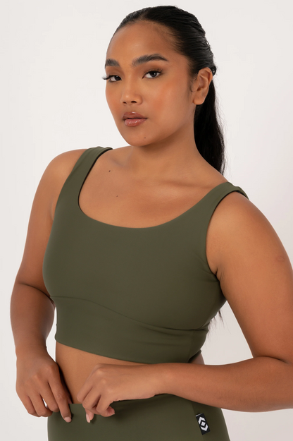 Dark Khaki Performance - Scoop Neck Comfort Crop Top