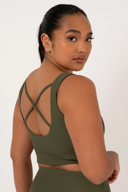 Dark Khaki Performance - Scoop Neck Comfort Crop Top