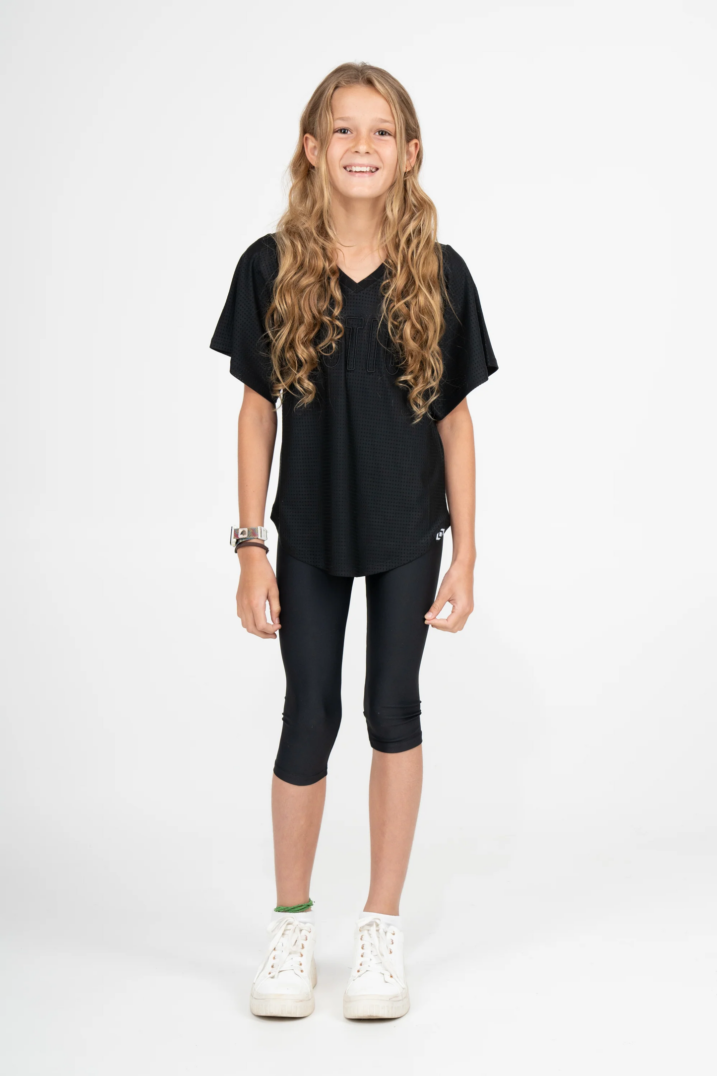 Black Bball Mesh - Kids V Neck Exotica Black Embroidered Boyfriend Tee