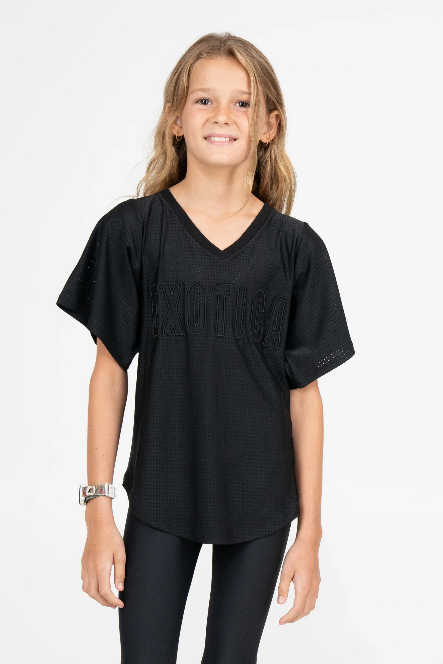 Black Bball Mesh - Kids V Neck Exotica Black Embroidered Boyfriend Tee