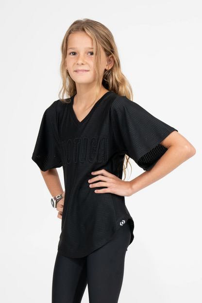 Black Bball Mesh - Kids V Neck Exotica Black Embroidered Boyfriend Tee