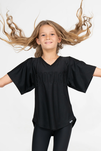 Black Bball Mesh - Kids V Neck Exotica Black Embroidered Boyfriend Tee