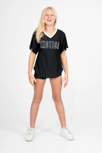 Black Bball Mesh - Kids V Neck Exotica White Embroidered Boyfriend Tee