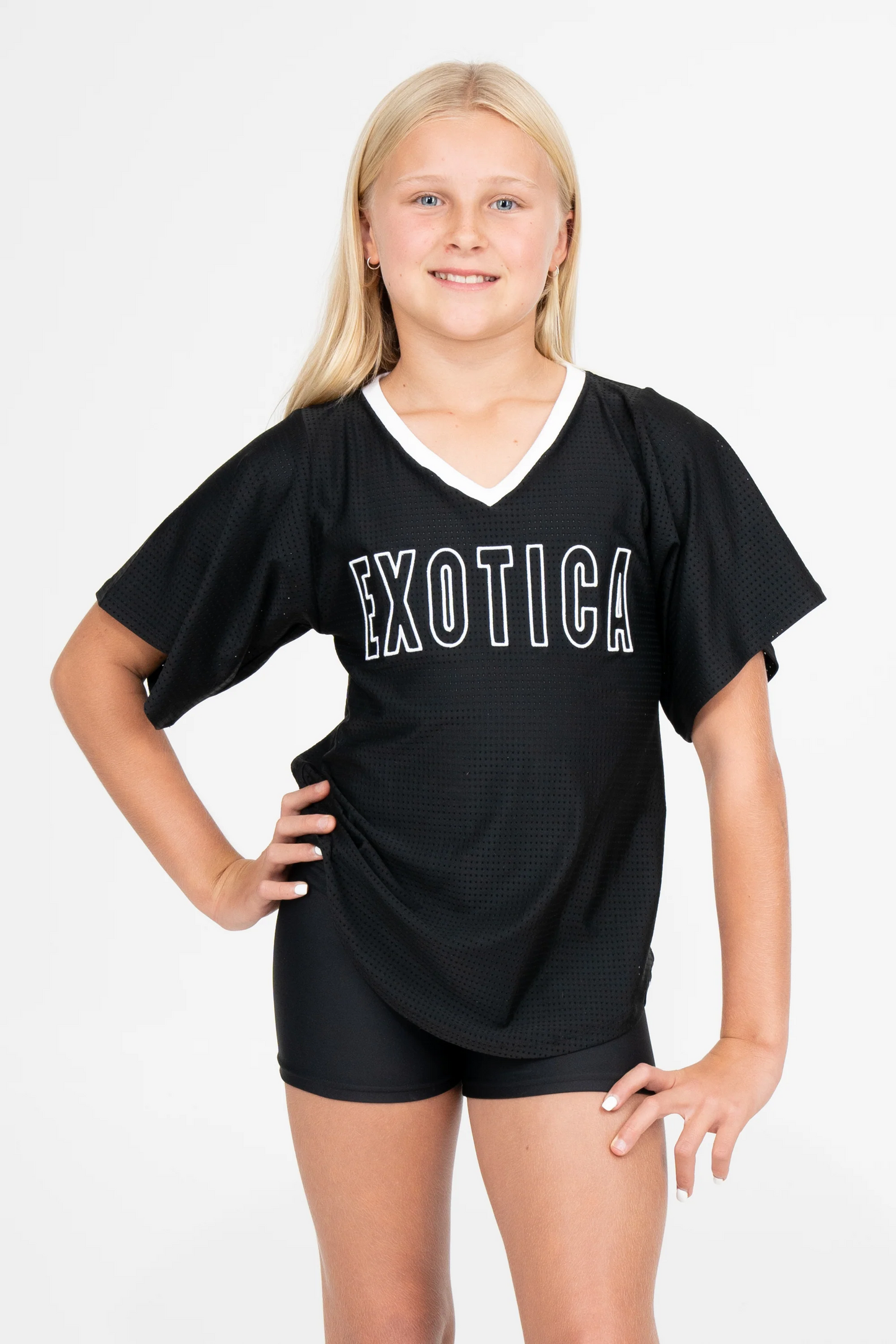 Black Bball Mesh - Kids V Neck Exotica White Embroidered Boyfriend Tee