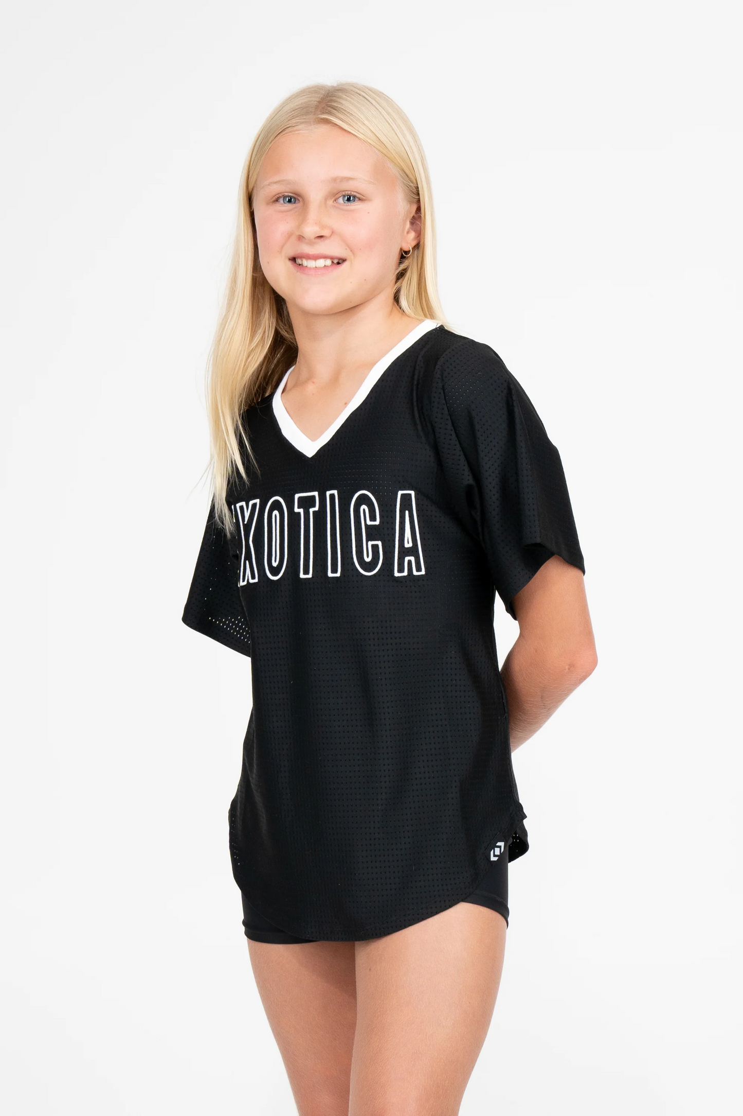 Black Bball Mesh - Kids V Neck Exotica White Embroidered Boyfriend Tee