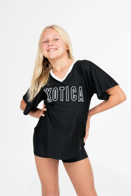 Black Bball Mesh - Kids V Neck Exotica White Embroidered Boyfriend Tee