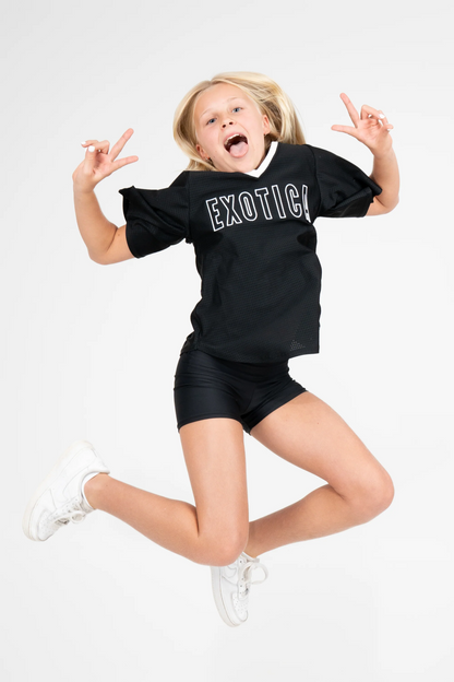 Black Bball Mesh - Kids V Neck Exotica White Embroidered Boyfriend Tee