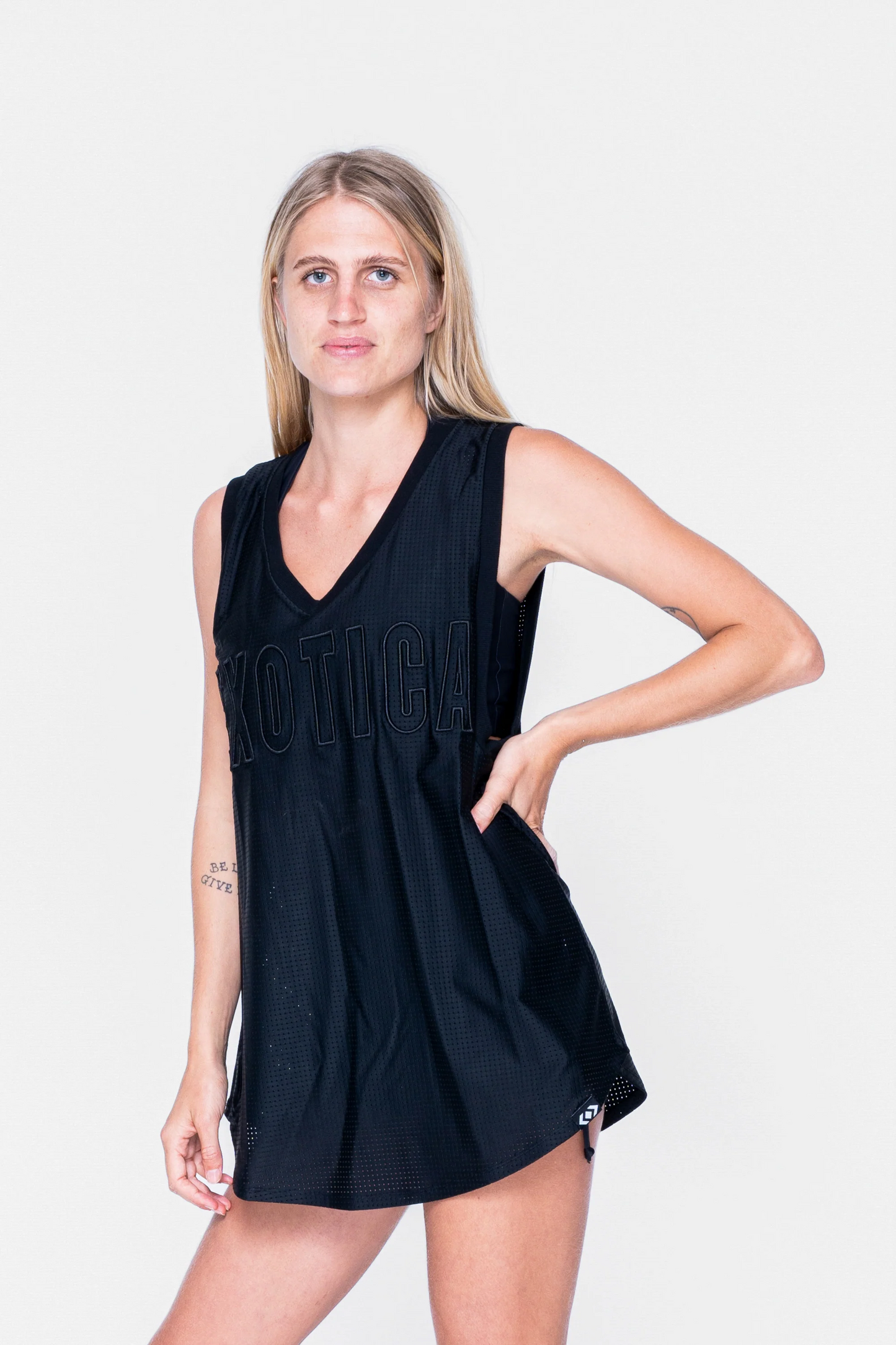 Black Bball Mesh - Sleeveless V Neck Exotica Black Embroidered Boyfriend Tee