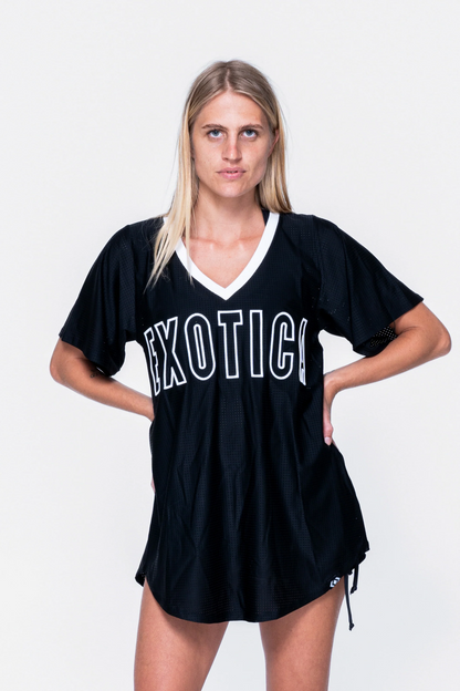 Black Bball Mesh - V Neck Exotica White Embroidered Boyfriend Tee