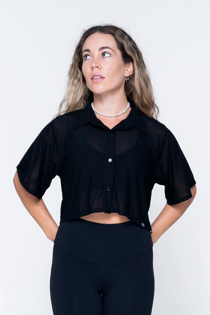 Black Net - Cropped Button Up Boyfriend Tee