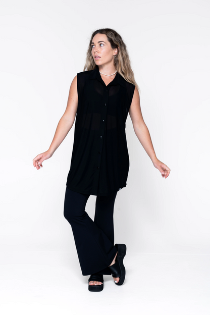 Black Net - Sleeveless Button Up Boyfriend Tee