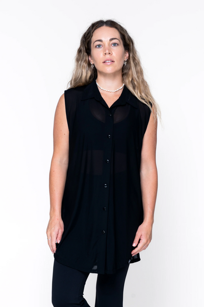 Black Net - Sleeveless Button Up Boyfriend Tee