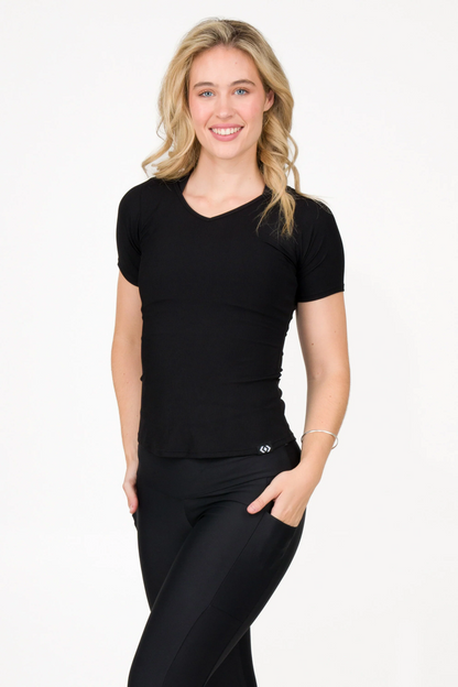 Black Rib Knit - Fitted V Neck Tee