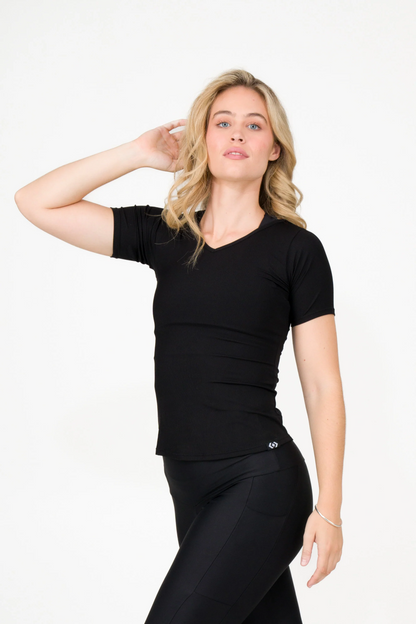 Black Rib Knit - Fitted V Neck Tee