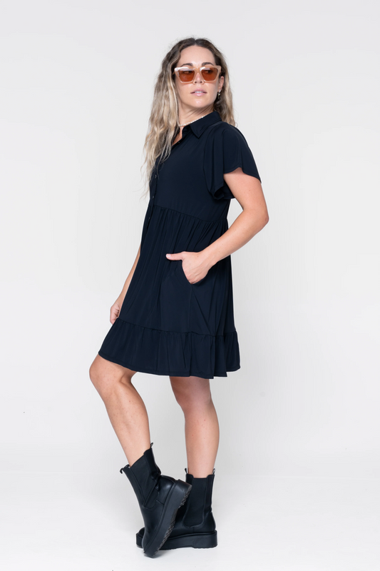 Black Slinky Silky - Button Up Baby Doll Tiered Mini Dress