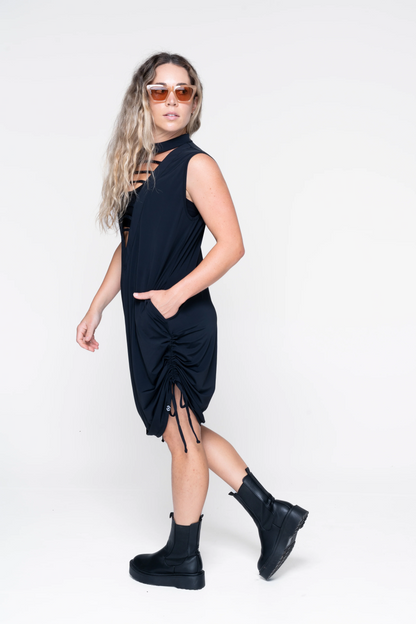 Black Slinky Silky - Ladder Front Tank Dress W/ Cinched Sides