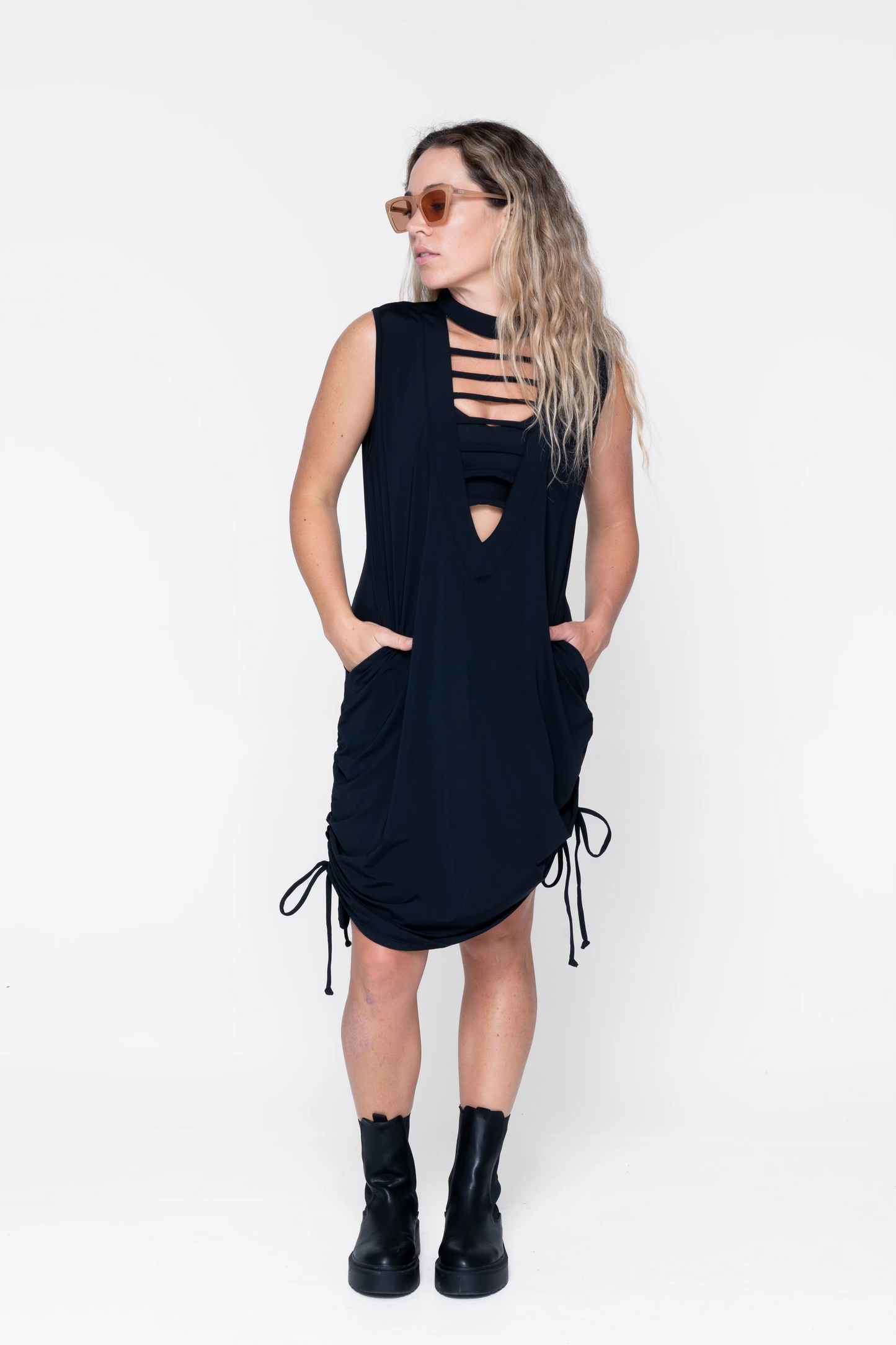 Black Slinky Silky - Ladder Front Tank Dress W/ Cinched Sides