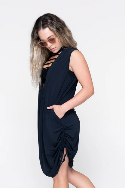 Black Slinky Silky - Ladder Front Tank Dress W/ Cinched Sides