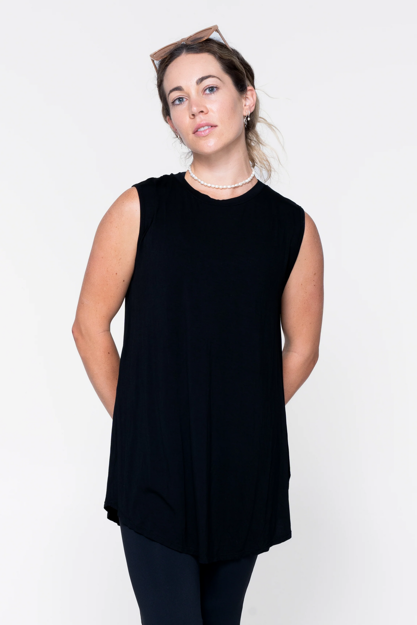 Black Slinky To Touch - Mesh V Back Sleeveless Boyfriend Tee