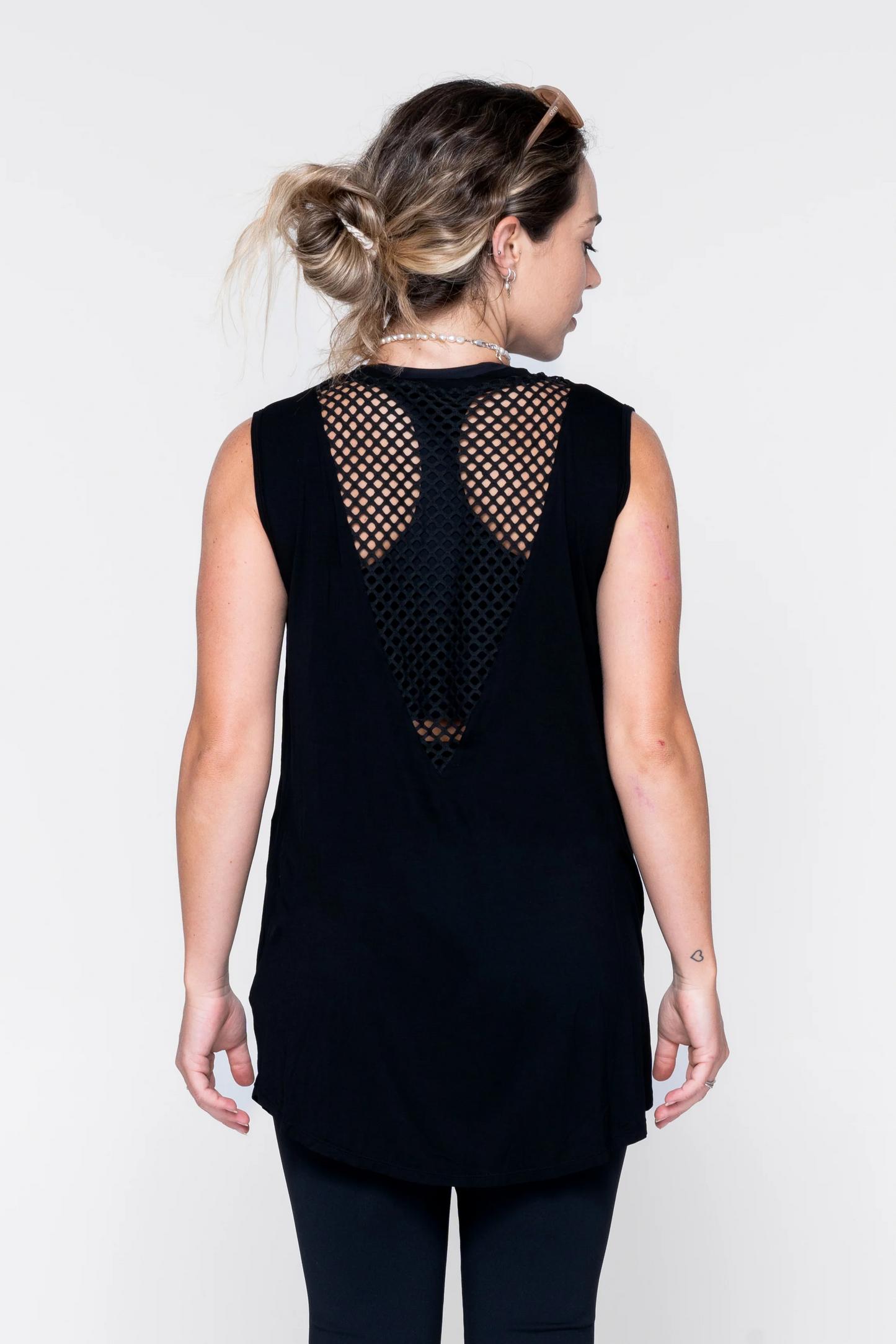 Black Slinky To Touch - Mesh V Back Sleeveless Boyfriend Tee