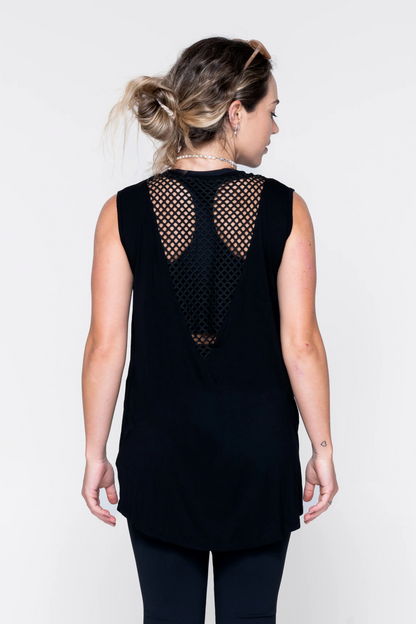 Black Slinky To Touch - Mesh V Back Sleeveless Boyfriend Tee