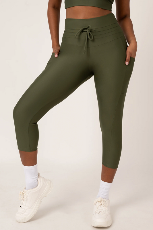 Dark Khaki Performance - Panel Pocket Drawstring Capri Legging