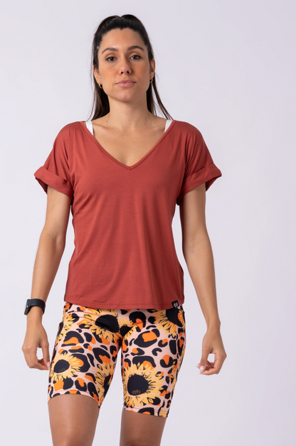 Burnt Copper Slinky To Touch - V Neck Cuffed Sleeve Tee