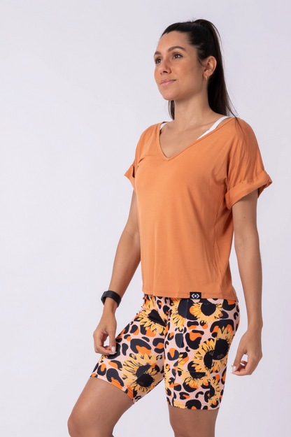 Caramel Slinky To Touch - V Neck Cuffed Sleeve Tee